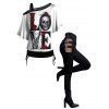 Gothic Women Outfit Rose Skulls Skeleton Love Letter Pattern Skew Neck Half Batwing Sleeve Cinched T-Shirt and Solid Color Hollow Out Buckle Strap Pants Set - Noir S | US 4
