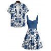 Vacation Couple Outfit Colorblock Leaf Floral Print Pattern Ruched Bust Sweetheart Neck Dress and Button Up Shirt Casual Matching Outfit - Bleu profond S | US 4