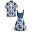 Vacation Couple Outfit Colorblock Leaf Floral Print Pattern Ruched Bust Sweetheart Neck Dress and Button Up Shirt Casual Matching Outfit - Bleu profond S | US 4