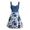 Vacation Couple Outfit Colorblock Leaf Floral Print Pattern Ruched Bust Sweetheart Neck Dress and Button Up Shirt Casual Matching Outfit - Bleu profond S | US 4