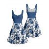 Vacation Couple Outfit Colorblock Leaf Floral Print Pattern Ruched Bust Sweetheart Neck Dress and Button Up Shirt Casual Matching Outfit - Bleu profond S | US 4