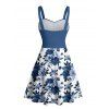 Vacation Couple Outfit Colorblock Leaf Floral Print Pattern Ruched Bust Sweetheart Neck Dress and Button Up Shirt Casual Matching Outfit - Bleu profond S | US 4