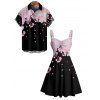Vacation Couple Outfit Cherry Blossom Petal Flower Pattern Ruched Bust Sweetheart Neck Dress and Button Up Shirt Casual Matching Outfit - Noir S | US 4
