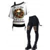 Gothic Women Outfit Sunflower Skulls Letter Pattern Skew Neck Half Batwing Sleeve Cinched T-Shirt and Solid Color Hollow Out Buckle Strap Pants Set - Noir S | US 4