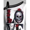 T-shirt gothique à col incliné et manches mi-chauve-souris, motif crânes, squelette, rose, lettre d'amour, haut de vacances cintré - Noir XXL | US 14