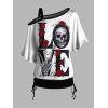 T-shirt gothique à col incliné et manches mi-chauve-souris, motif crânes, squelette, rose, lettre d'amour, haut de vacances cintré - Noir XXL | US 14