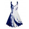 Vacation Couple Outfit Contrast Color Leaf Flower Print O Ring Strap V Neck A Line Mini Dress and Button Up Shirt Casual Matching Outfit - Bleu S | US 4