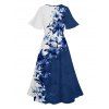 Robe d'été à imprimé floral, col en V, manches évasées, fendue, taille haute - Bleu profond XXL | US 14