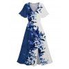 Robe d'été à imprimé floral, col en V, manches évasées, fendue, taille haute - Bleu profond XXL | US 14