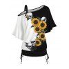 Sunflower Skull Print Oblique Shoulder 2 In 1 T Shirt and Hollow Out Solid Color Skinny Gothic Pants Outfit - Noir S | US 4