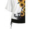 Sunflower Skull Print Oblique Shoulder 2 In 1 T Shirt and Hollow Out Solid Color Skinny Gothic Pants Outfit - Noir S | US 4