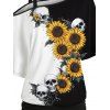 Sunflower Skull Print Oblique Shoulder 2 In 1 T Shirt and Hollow Out Solid Color Skinny Gothic Pants Outfit - Noir S | US 4
