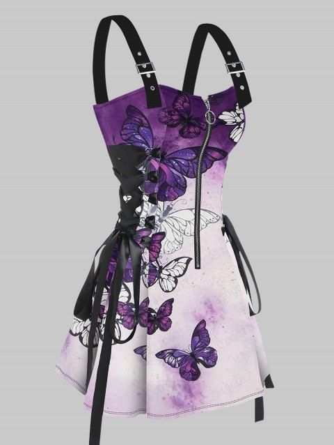 Robe gothique à lacets et motif papillon ombré, demi-fermeture éclair, œillets, sangle à boucle, mini robe de vacances trapèze