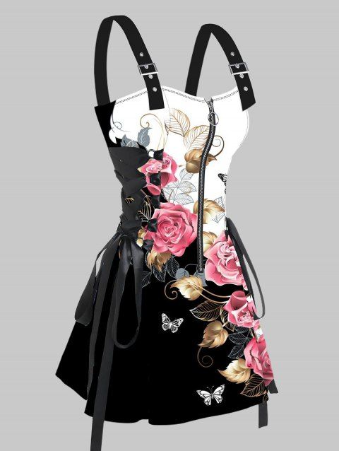 Robe de vacances à lacets, motif de feuilles et de papillons, à contraste de couleurs, à demi-fermeture éclair, à œillets, à bretelles et à boucle, coupe trapèze