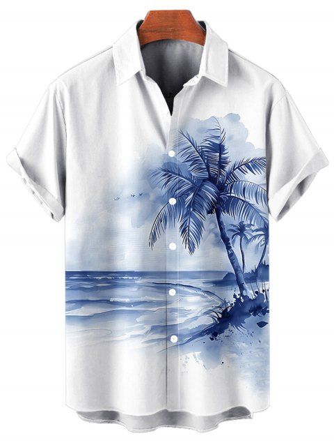 Chemise de vacances à imprimé cocotiers et tie-dye pour homme, boutonnée, retroussée, manches courtes, pour la plage