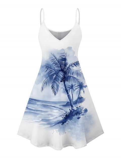 Robe de vacances à imprimé cocotiers et tie-dye, bretelles spaghetti, col en V, coupe trapèze, mini-robe de plage