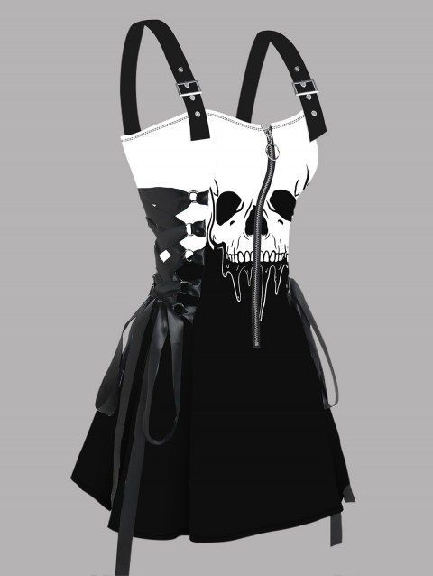 Robe gothique à lacets et motif tête de mort de couleur contrastée, demi-fermeture éclair, œillets, sangle à boucle, robe trapèze, mini robe de vacances