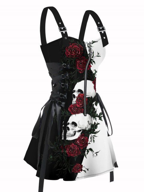 Robe gothique à lacets et motif tête de mort et roses de couleur contrastée, demi-fermeture éclair, œillets, sangle à boucle, robe trapèze, mini robe de vacances