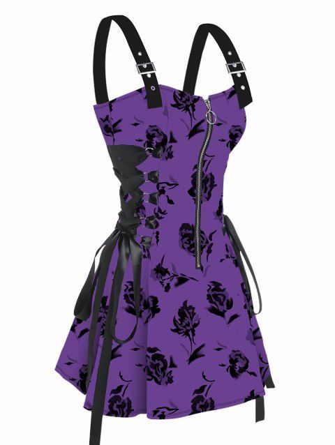 Robe de vacances à lacets et motif de feuilles et de fleurs, demi-fermeture éclair, œillets, sangle à boucle, mini-robe gothique trapèze