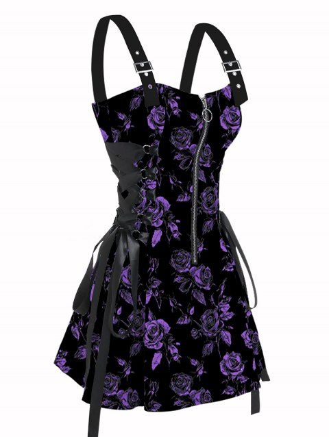 Robe gothique à lacets et motif de feuilles de rose sur toute la surface, demi-fermeture éclair, œillets, sangle à boucle, robe de vacances trapèze mini