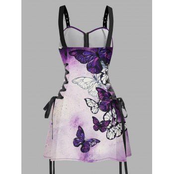 Ombre Colored Butterfly Pattern Lace Up Gothic Dress Half Zipper Grommet Buckle Strap A Line Mini Vacation Dress