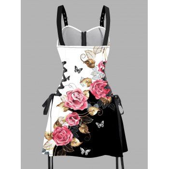 Rose Hollow Out Leaf Butterfly Contrast Color Pattern Lace Up Vacation Dress Half Zipper Grommet Buckle Strap A Line Mini Dress