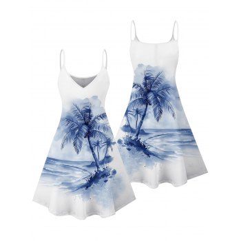 Tie Dye Ocean Coconut Tree Print Vacation Dress Spaghetti Strap V Neck A Line Mini Beach Tank Dress