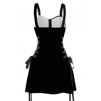 Contrast Color Rose Skulls Pattern Lace Up Gothic Dress Half Zipper Grommet Buckle Strap A Line Mini Holiday Dress