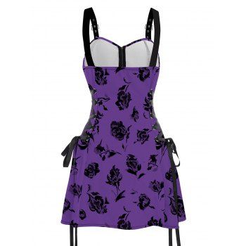 Flower Leaf Pattern Lace Up Vacation Dress Half Zipper Grommet Buckle Strap A Line Mini Gothic Dress