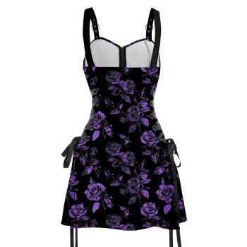 Allover Rose Leaf Pattern Lace Up Gothic Dress Half Zipper Grommet Buckle Strap A Line Mini Vacation Dress