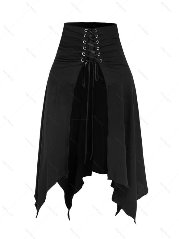 Jupe Mi-Longue Mouchoir Gothique Ouvert en Avant en Couleur Unie à Lacets - Noir XXL
