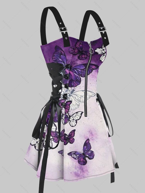 Robe gothique à lacets et motif papillon ombré, demi-fermeture éclair, œillets, sangle à boucle, mini robe de vacances trapèze - Pourpre XXL | US 14