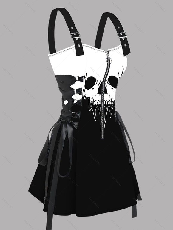 Robe gothique à lacets et motif tête de mort de couleur contrastée, demi-fermeture éclair, œillets, sangle à boucle, robe trapèze, mini robe de vacances - Noir XXL | US 14