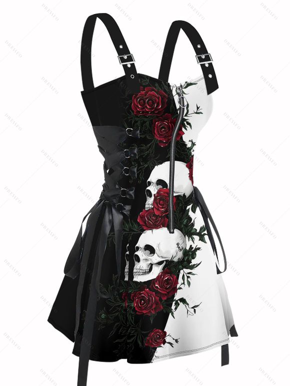 Robe gothique à lacets et motif tête de mort et roses de couleur contrastée, demi-fermeture éclair, œillets, sangle à boucle, robe trapèze, mini robe de vacances - Noir XXL | US 14