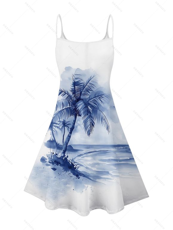Robe de vacances à imprimé cocotiers et tie-dye, bretelles spaghetti, col en V, coupe trapèze, mini-robe de plage - Bleu L | US 8-10