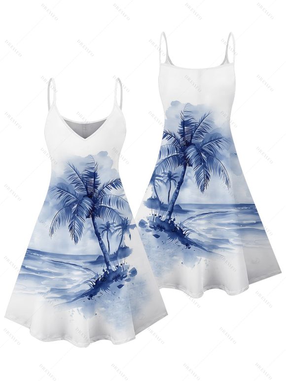 Robe de vacances à imprimé cocotiers et tie-dye, bretelles spaghetti, col en V, coupe trapèze, mini-robe de plage - Bleu L | US 8-10