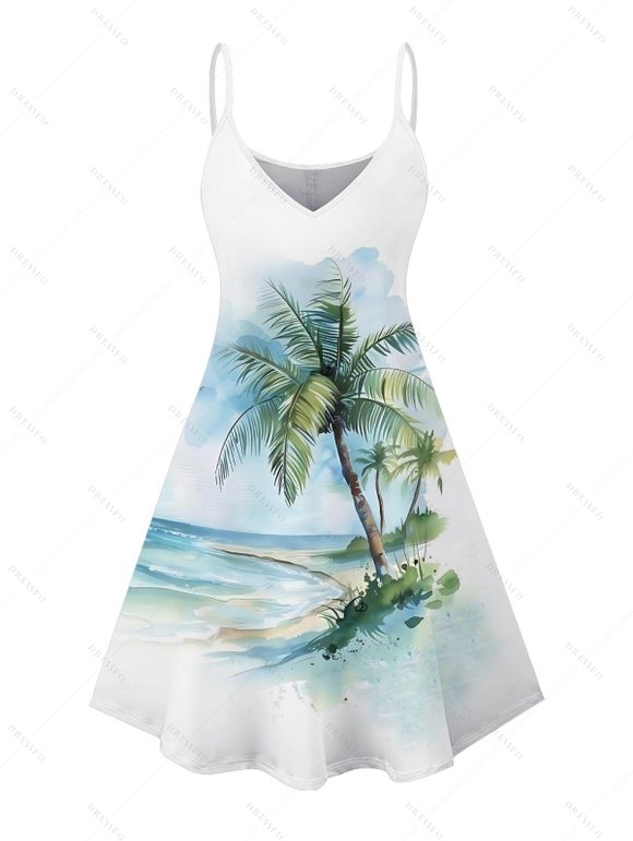 Robe de vacances à imprimé cocotiers et tie-dye, bretelles spaghetti, col en V, coupe trapèze, mini-robe de plage - Vert clair XXXXXL | US 20