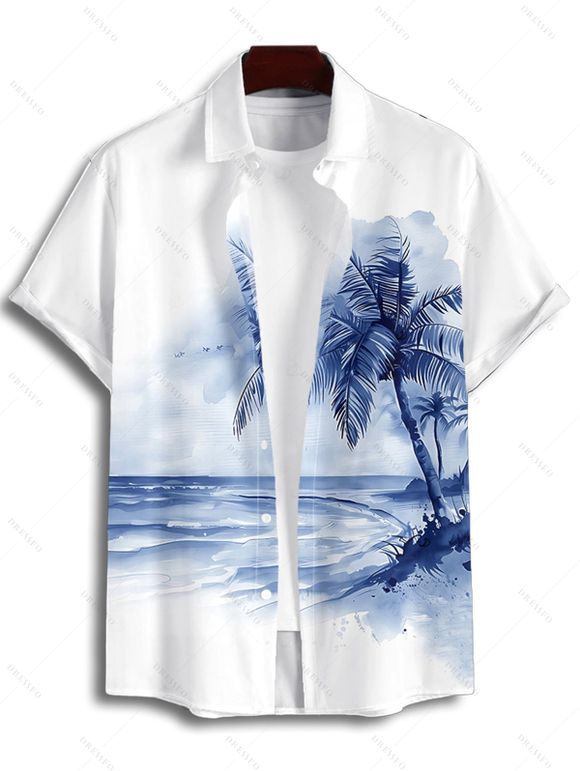 Chemise de vacances à imprimé cocotiers et tie-dye pour homme, boutonnée, retroussée, manches courtes, pour la plage - Bleu M