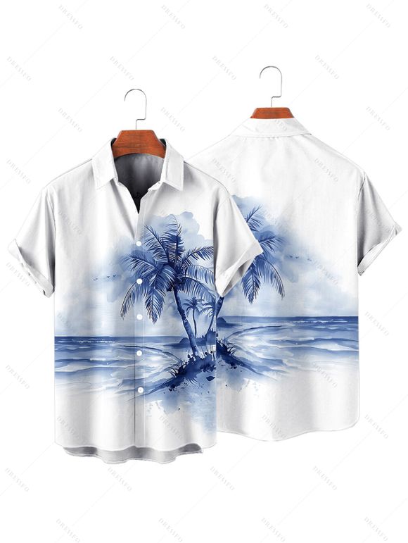 Chemise de vacances à imprimé cocotiers et tie-dye pour homme, boutonnée, retroussée, manches courtes, pour la plage - Bleu M