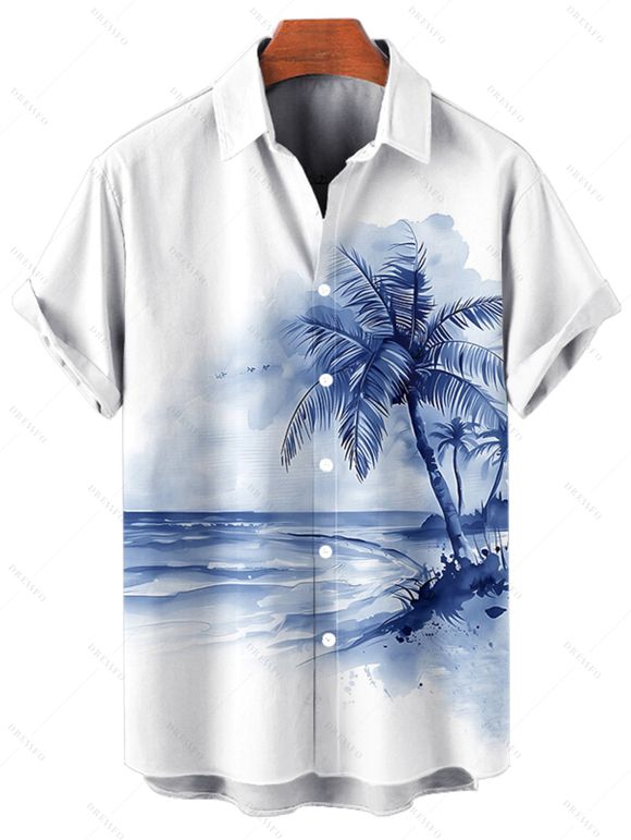 Chemise de vacances à imprimé cocotiers et tie-dye pour homme, boutonnée, retroussée, manches courtes, pour la plage - Bleu M