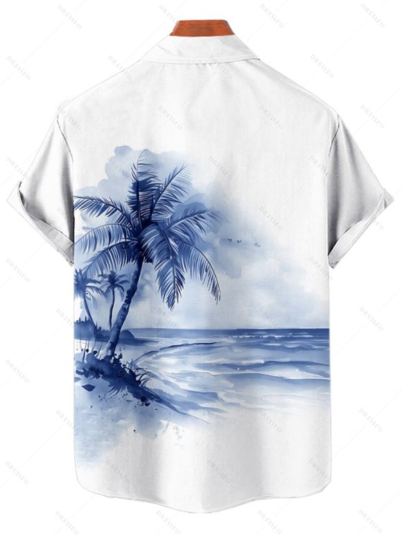 Chemise de vacances à imprimé cocotiers et tie-dye pour homme, boutonnée, retroussée, manches courtes, pour la plage - Bleu M
