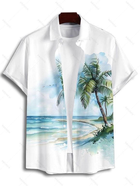 Chemise de vacances à imprimé cocotiers et tie-dye pour homme, boutonnée, retroussée, manches courtes, pour la plage - Vert clair S