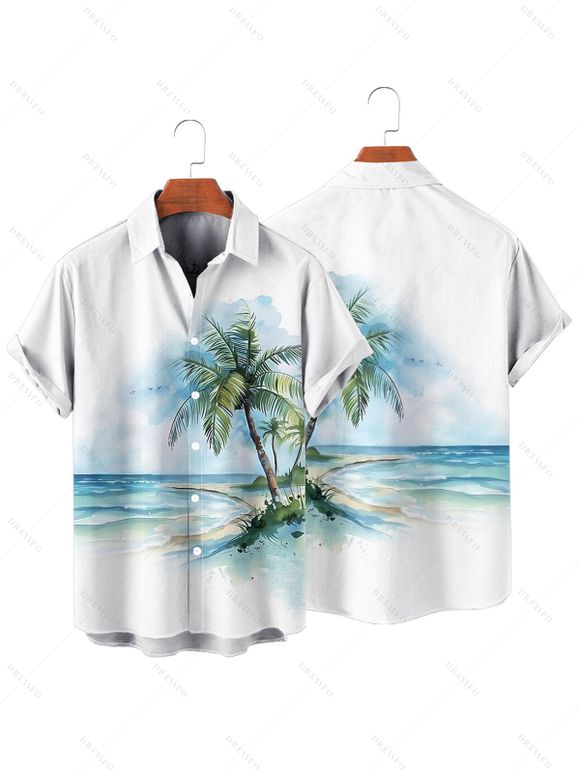 Chemise de vacances à imprimé cocotiers et tie-dye pour homme, boutonnée, retroussée, manches courtes, pour la plage - Vert clair S