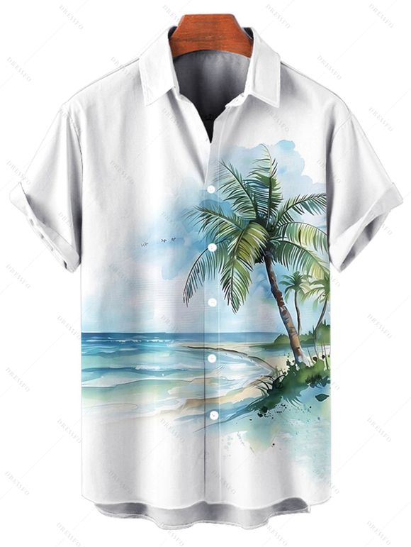 Chemise de vacances à imprimé cocotiers et tie-dye pour homme, boutonnée, retroussée, manches courtes, pour la plage - Vert clair S