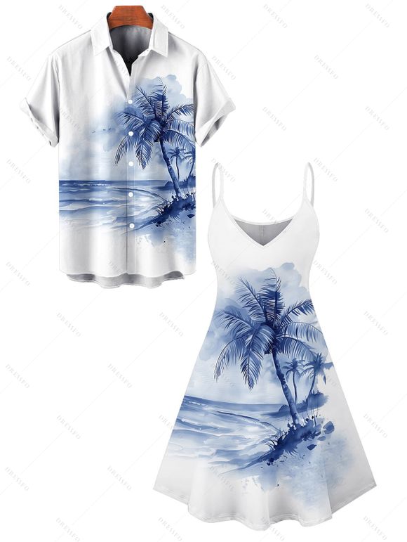 Vacation Couple Outfit Tie Dye Ocean Coconut Tree Print Spaghetti Strap Tank Dress and Button Up Shirt Beach Matching Outfit - Bleu S | US 4