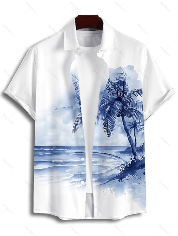 Vacation Couple Outfit Tie Dye Ocean Coconut Tree Print Spaghetti Strap Tank Dress and Button Up Shirt Beach Matching Outfit - Bleu S | US 4