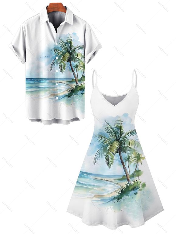 Vacation Couple Outfit Tie Dye Ocean Coconut Tree Print Spaghetti Strap Tank Dress and Button Up Shirt Beach Matching Outfit - Vert clair S | US 4