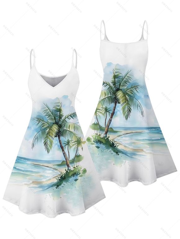 Vacation Couple Outfit Tie Dye Ocean Coconut Tree Print Spaghetti Strap Tank Dress and Button Up Shirt Beach Matching Outfit - Vert clair S | US 4