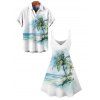 Vacation Couple Outfit Tie Dye Ocean Coconut Tree Print Spaghetti Strap Tank Dress and Button Up Shirt Beach Matching Outfit - Vert clair S | US 4