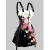 Robe de vacances à lacets, motif de feuilles et de papillons, à contraste de couleurs, à demi-fermeture éclair, à œillets, à bretelles et à boucle, coupe trapèze - Noir XXL | US 14